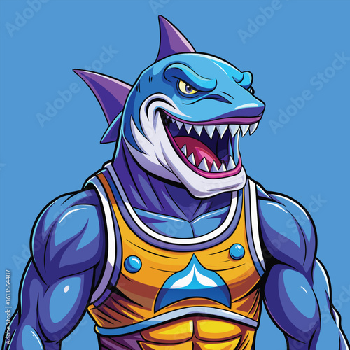 Muscular blue shark character in athletic wear purple