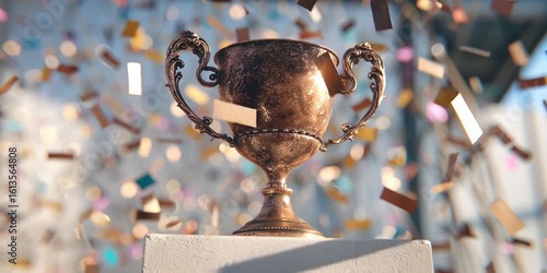 Vintage bronze trophy with confetti in celebration scene