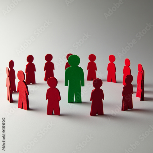 A solitary green cutout figure stands prominently surrounded by numerous red cutout figures arranged in a circular formation on a light grey surface, symbolizing individuality within a group.