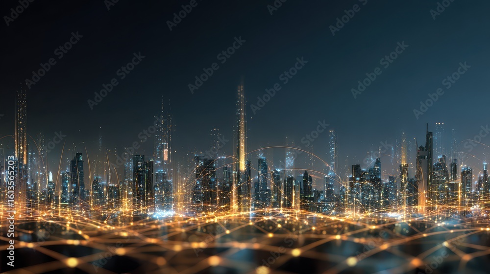 Obraz premium Futuristic Cityscape at Night with Glowing Lights and Network Connections Showcasing Modern Technology and Urban Development Aesthetic for Stock Photography
