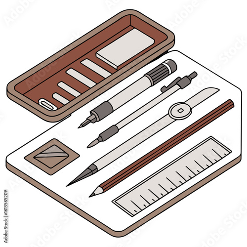 Isometric view of a drawing set with compass pencil ruler and other tools in a box on a white background