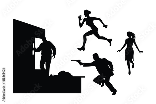 Noir Action Scenes Vector Silhouette Set - Dramatic Thriller & Crime Illustrations