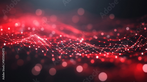 A vibrant red abstract network of glowing points and connecting lines visualizes digital data flow and global connectivity with soft light spheres, suggesting technological advancement.