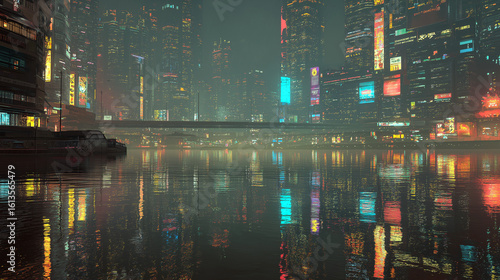 Dystopian cyberpunk metropolis with colorful neon reflections on wide river, dense skyline of futuristic buildings in atmospheric night cityscape, glowing signs and misty industrial ambiance