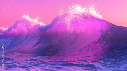 A vibrant, surreal display of large, powerful,  pink-purple waves crashing against the horizon during sunset