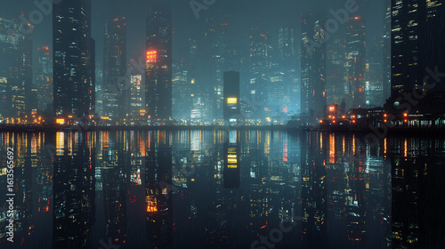 Futuristic cyberpunk skyscrapers illuminated in rain and neon lights, dramatic city skyline mirrored in water, high-rise buildings and ambient city glow in sci-fi concept dystopian city