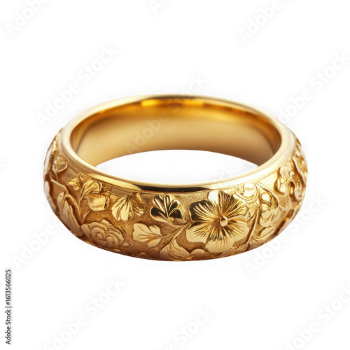 Ornate gold ring with floral engravings isolated on transparent background
