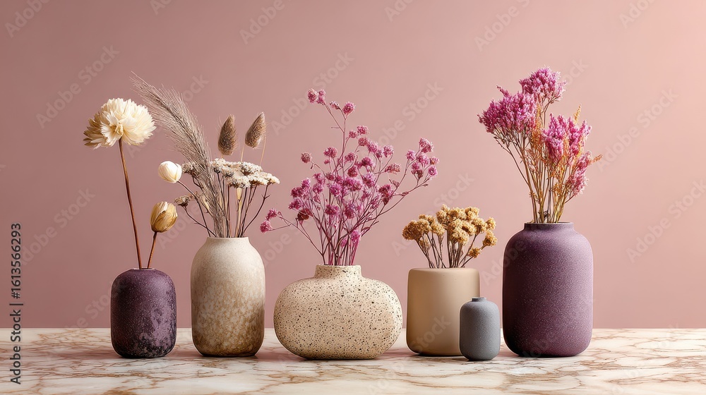 Obraz premium Elegant arrangement of diverse vases with dried flowers against a soft pastel background showcasing modern decor and artistic styling ideas for interiors