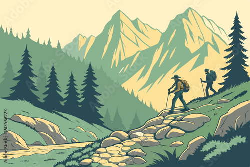 Two hikers with backpacks ascend a rocky mountain trail surrounded by pine trees and majestic peaks