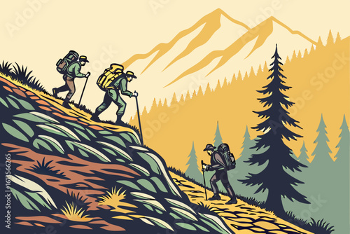 Hikers climbing a mountain trail with backpacks and trekking poles