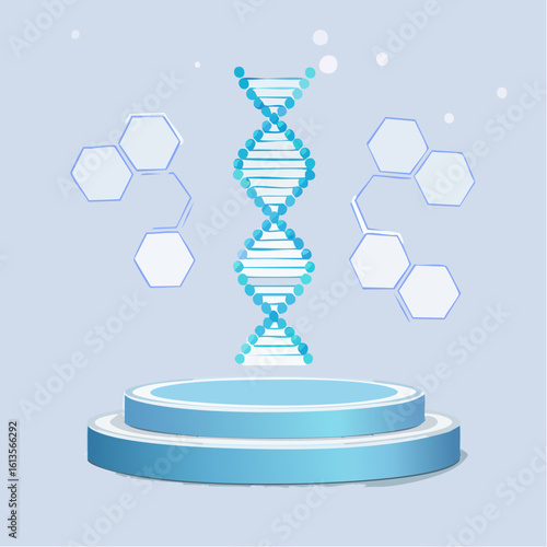 DNA is hanging over a digital virtual podium. DNA molecule vector illustration or science background.