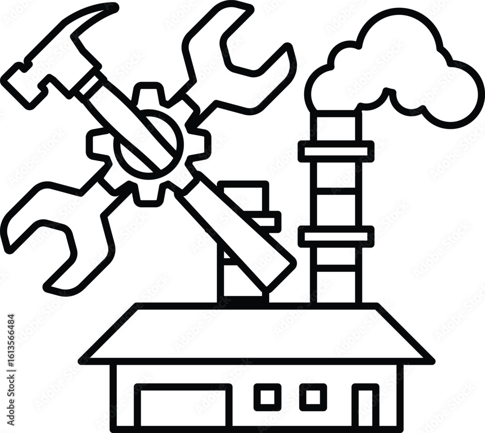 A black and white drawing of a building with a hammer and wrench on top of it A black and white drawing of a building with a hammer and wrench on top of it