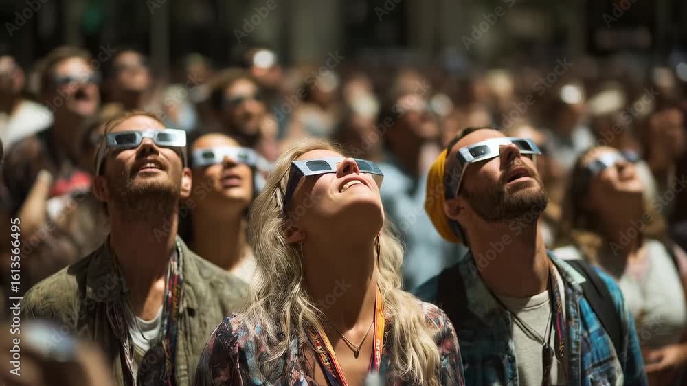 Diverse crowd gathered in city street, wearing protective eclipse glasses and watching solar eclipse together, amazed expressions, community science moment, sunny day, atmospheric real-life footage