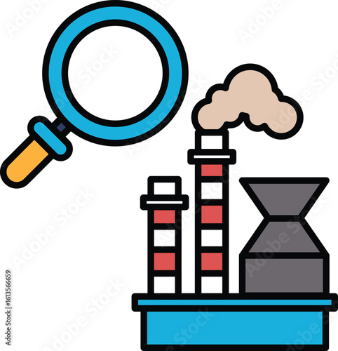 A blue magnifying glass is hovering over a factory with smoke coming out of it