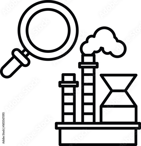 A black and white drawing of a magnifying glass with a factory in the background
