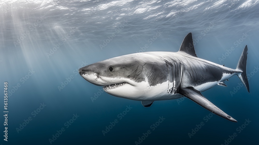 Fototapeta premium Dramatic hyper-realistic image of a Great White Shark emerging from deep blue water with a focused beam of light highlighting its scars and black eye