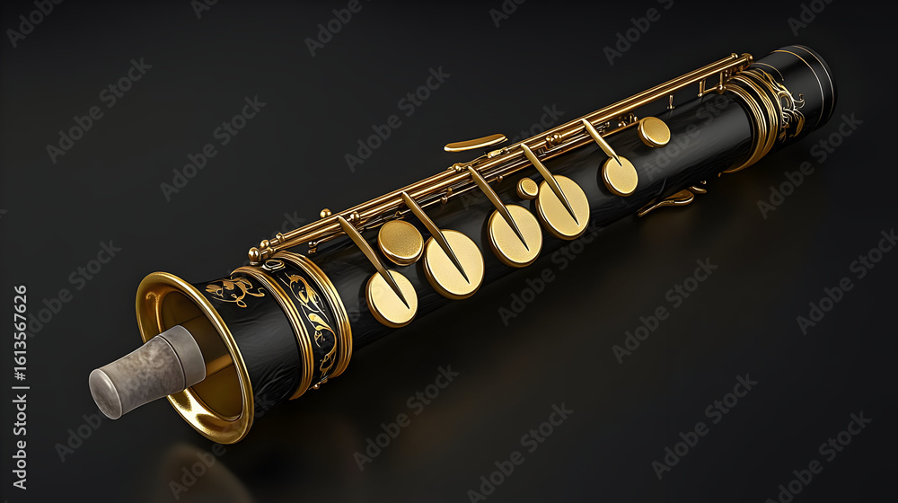 Naklejka premium Black and gold woodwind instrument, intricate design