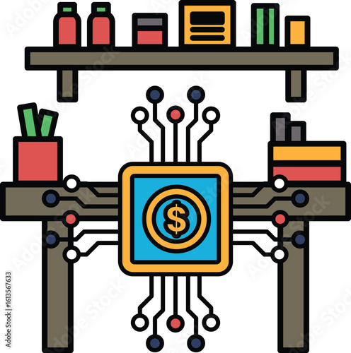 A computer monitor with a dollar sign on it sits on a wooden desk