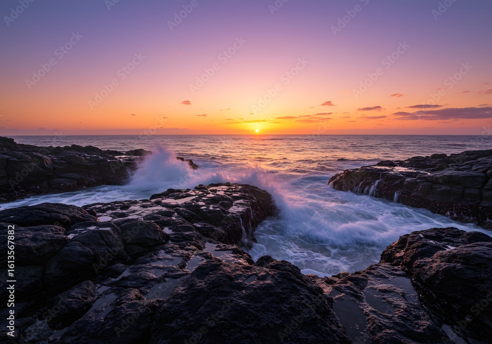 Obraz premium Ocean waves crashing against rugged rocks at sunset 
