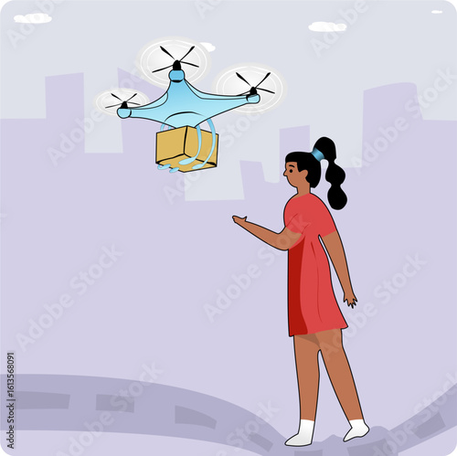 Unmanned Aircraft System (UAV) Quadcopter Drone Carrying Food Package, Woman receives food package.
