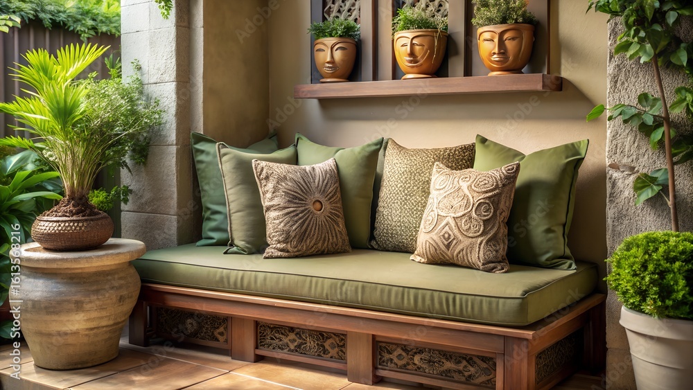 Obraz premium Photo of a comfortable outdoor sofa with plush green cushions and decorative pillows sits on a patio surrounded by lush plants