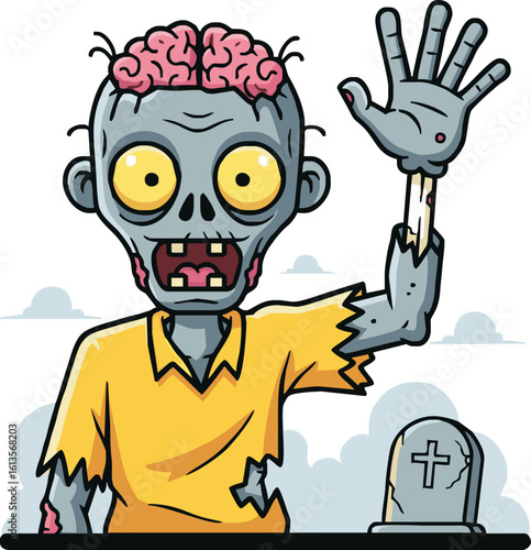 Cartoon zombie with exposed brain and torn clothing, raising a severed hand near a gravestone.
