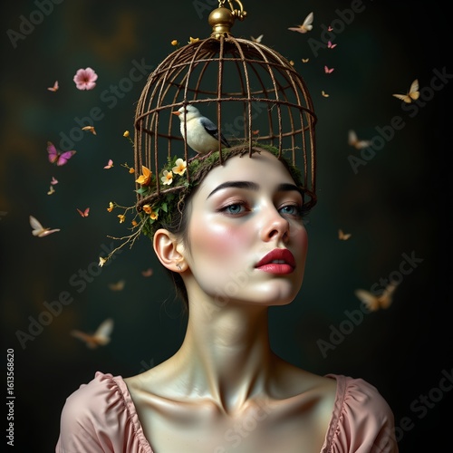 Creative conceptual portrait of a young woman with a birdcage on her head containing a small bird, surrounded by butterflies, floral accents, and a dark blurred background