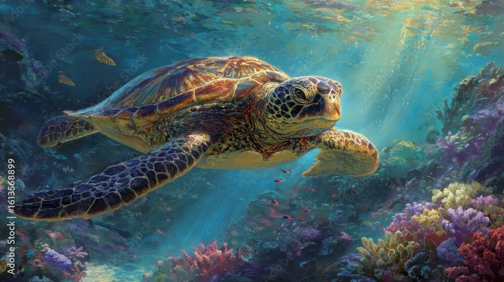 Obraz premium Underwater sea turtle in vibrant coral reef
