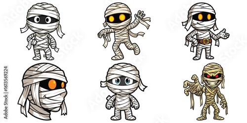 Cartoon mummies with vibrant eyes, halloween zombie vector illustration