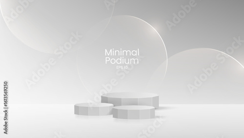 3D glass transparent crystal. Empty cylindrical pedestal. 3D wooden podium platforms set background. Vector realistic illustration of transparent plastic round and square