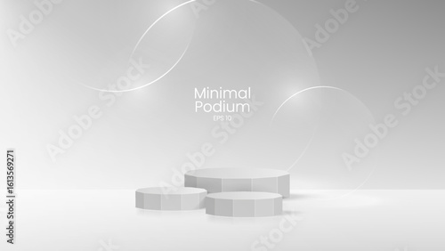 3D glass transparent crystal. Empty cylindrical pedestal. 3D wooden podium platforms set background. Vector realistic illustration of transparent plastic round and square