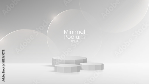 3D glass transparent crystal. Empty cylindrical pedestal. 3D wooden podium platforms set background. Vector realistic illustration of transparent plastic round and square