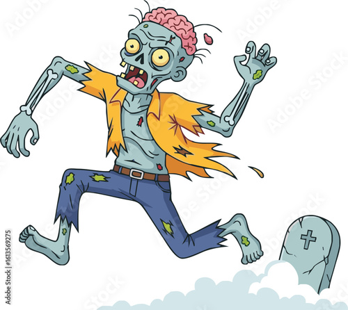 A cartoon zombie with exposed brain and tattered clothes lunges forward with a menacing expression, escaping a graveyard.
