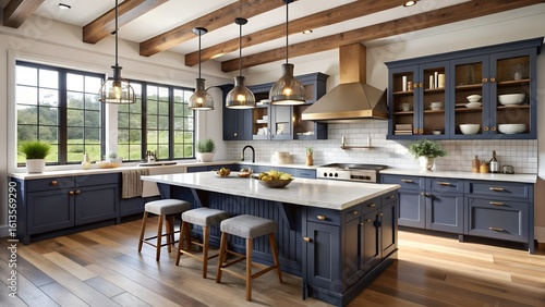 Photo of a spacious modern farmhouse kitchen with navy blue cabinets, a large island, and abundant natural light from large windows