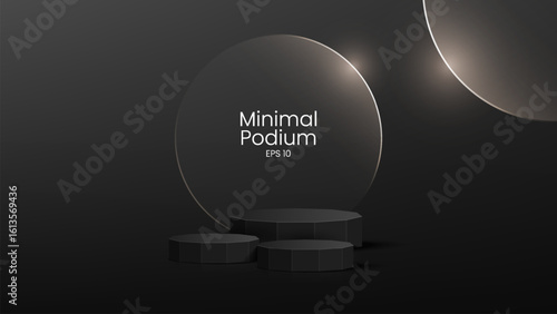 3D glass transparent crystal. Empty cylindrical pedestal. 3D wooden podium platforms set background. Vector realistic illustration of transparent plastic round and square