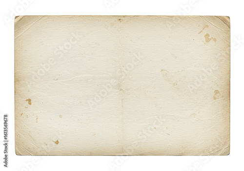Aged vintage blank paper with intricate texture, discolored sepia tones, authentic stains, worn edges, isolated on a transparent background, top-down, clean studio aesthetic, concept of historical
