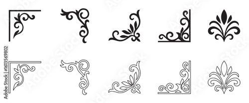 A set of versatile set of vintage floral design elements featuring decorative black silhouettes of flowers, leaves, and ornate scroll illustrations perfect for patterns, tattoos, and natural art