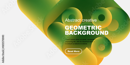 Fluid shapes blend, creating vibrant green, yellow gradient. Text overlays design, promoting further exploration. Modern aesthetic.