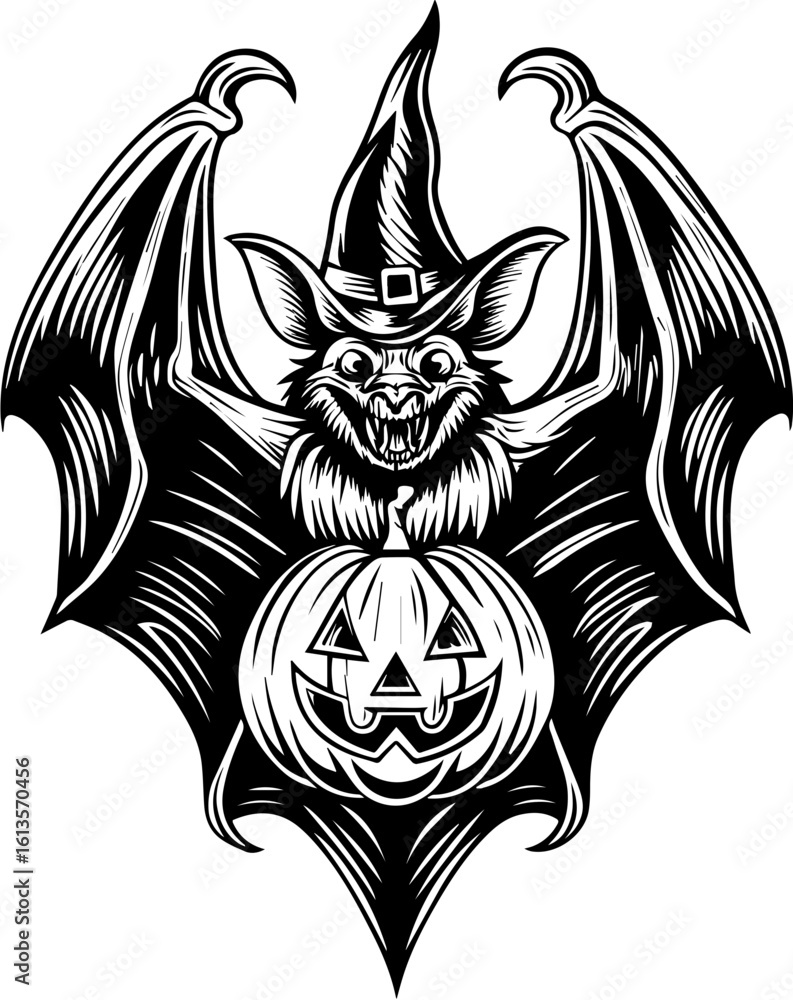 Obraz premium SVG of a Halloween animal monster in a fun and spooky tattoo style. Spooky Halloween Bat with Pumpkin and Witch Hat Illustration
