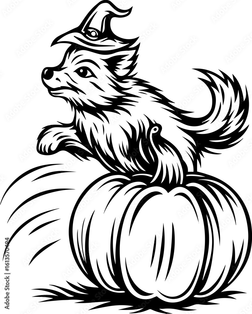 Obraz premium SVG of a Halloween animal monster in a fun and spooky tattoo style. Cute Pup in a Witch Hat Sitting on a Pumpkin for Halloween Decor