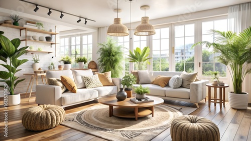 Wallpaper Mural Photo of a bright and stylish living room with comfortable sofas, a round rug, and numerous indoor plants, bathed in natural sunlight Torontodigital.ca