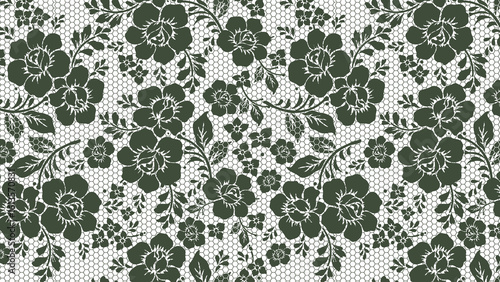 Dark floral pattern with lace background featuring roses and small flowers arranged all over design