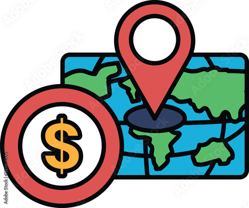 A map with a red pin on it and a dollar sign