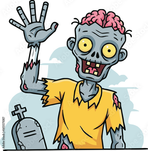 A cartoon zombie with exposed brains and tattered clothes waves its hand in front of a gravestone.