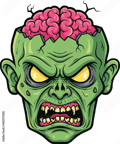 A terrifying cartoon zombie head with exposed brain, showing anger and aggression.