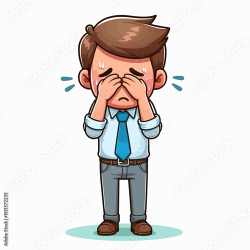 Cartoon depiction of a man in a business suit, appearing distraught and covering his face with his hands.