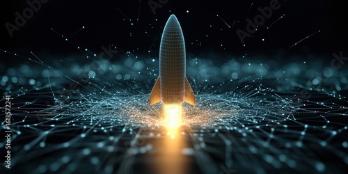 engineer aerospace simulation Concept. Rocket launching with digital effects and glowing particles in a futuristic setting.