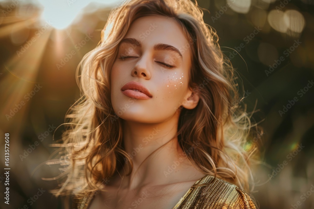 Fototapeta premium Fashion model with glitter makeup enjoying golden hour sunlight with eyes closed