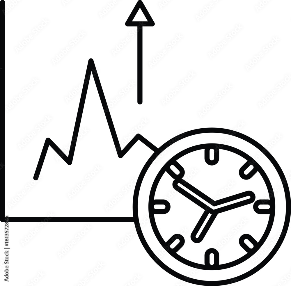 A graph with a line going up and a clock with the hands on the numbers 3 and 9 A graph with a line going up and a clock with the hands on the numbers 3 and 9