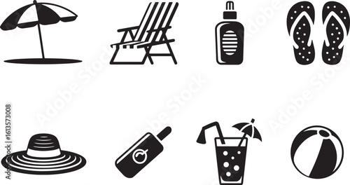 Summer Beach Icons Set Black Silhouette on Transparent Background for Vacation and Relaxation